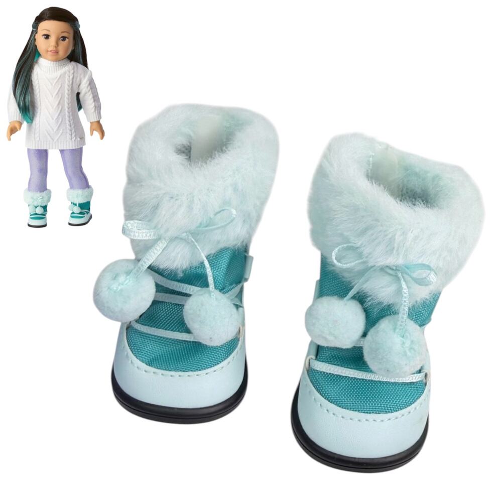 American Girl Corinne Meet Boots Teal Faux Fur Trim Pom-Poms Doll Accessories